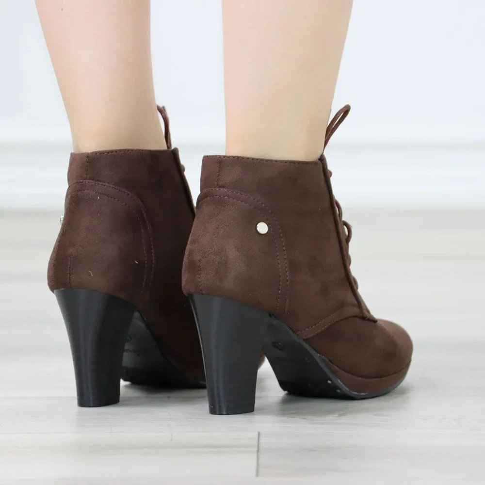 Womens Ankle Boots Lace Up Block Heel Booties Brown Faux Suede - Picture 5 of 11